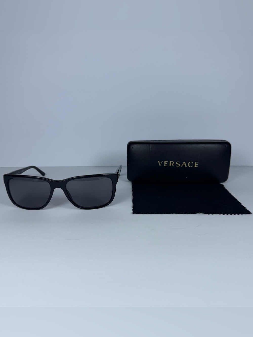 Versace Women’s Rectangle Sunglasses Black Plastic Gray Tinted Frames UV400 Case